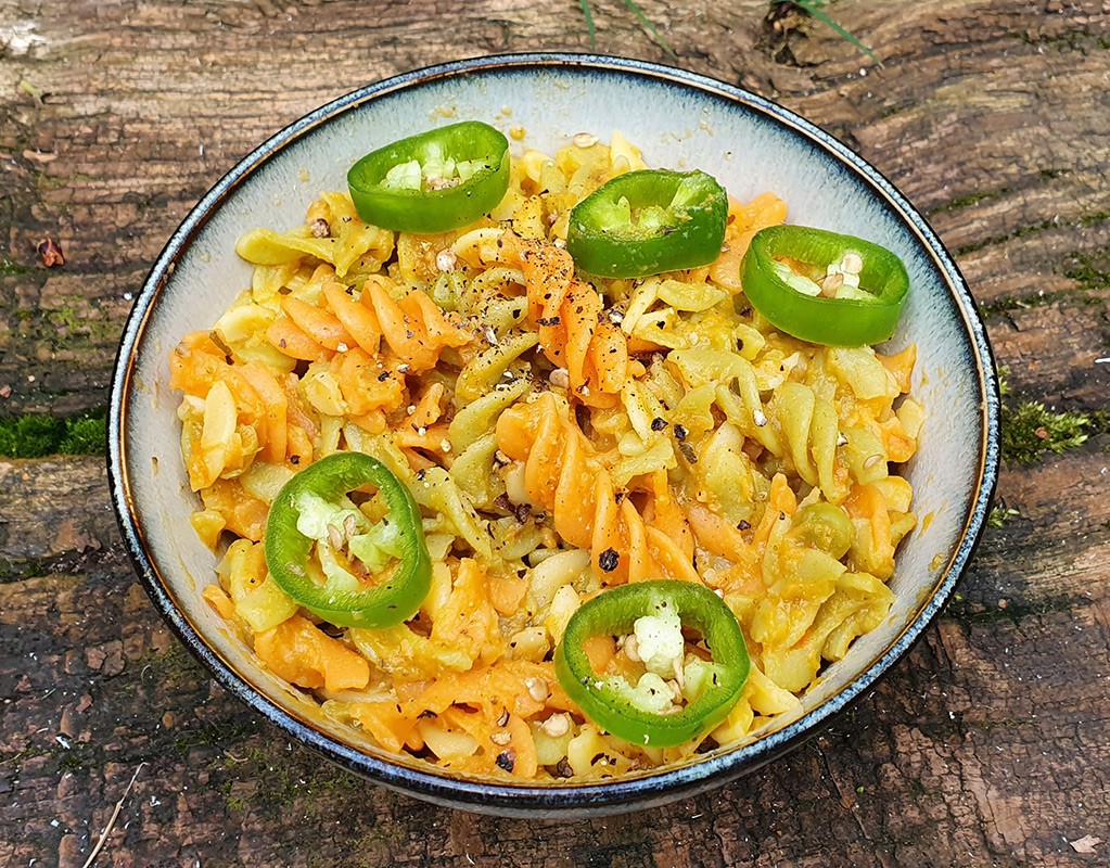 Pasta with spicy sweet potato and red pepper sauce