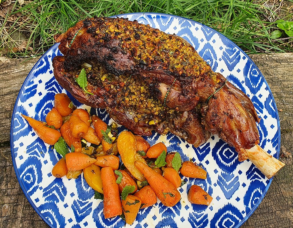 Roast lamb with pistachio, lemon and mint