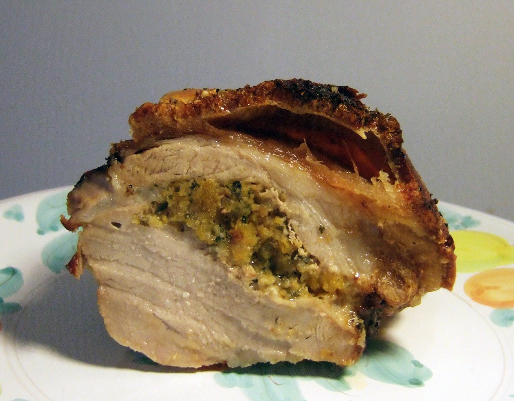 Roast pork loin stuffed with apricot and pine nuts