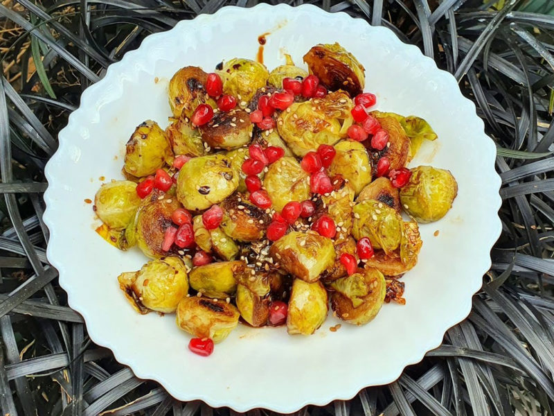 Sesame Brussels sprouts with pomegranate