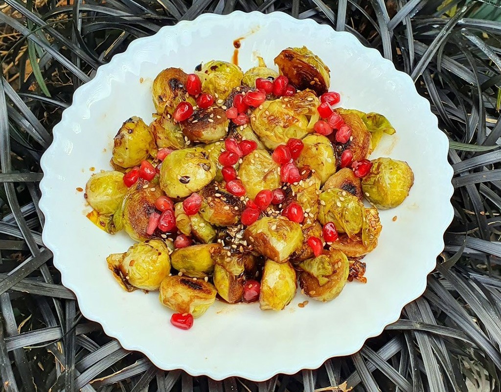 Sesame Brussels sprouts with pomegranate