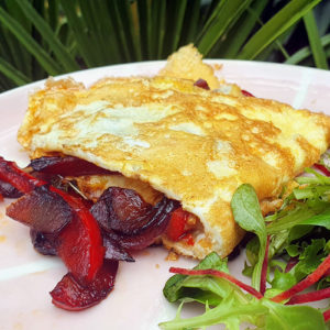 Caramelized onion and red pepper omelette with goats cheese