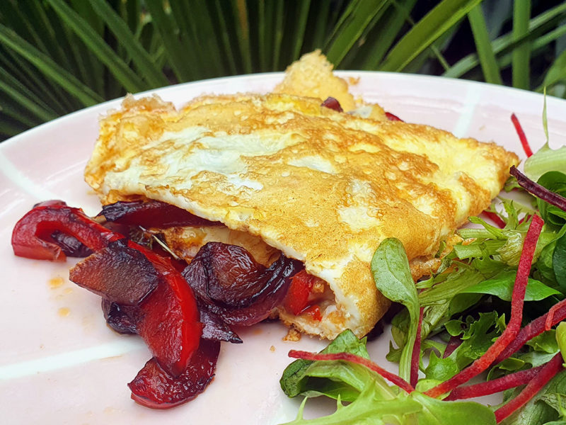 Caramelized onion and red pepper omelette with goats cheese