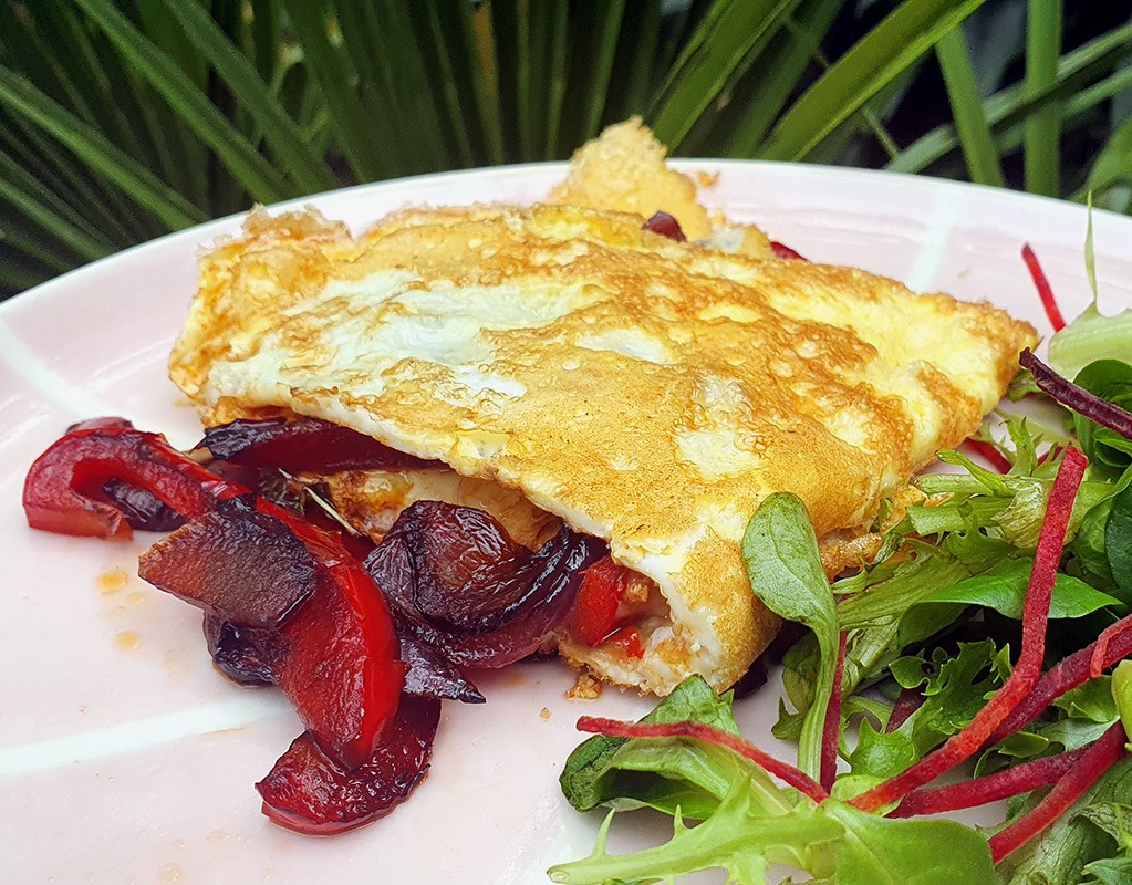 Caramelized onion and red pepper omelette with goats cheese