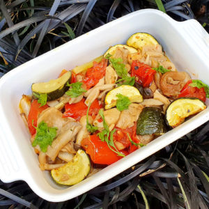 Exotic mushroom, tomato and courgette bake