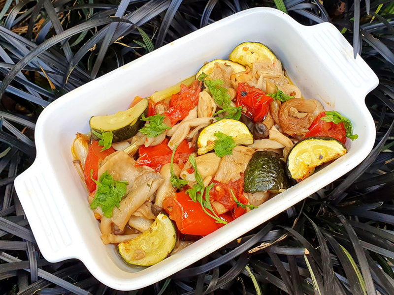 Exotic mushroom, tomato and courgette bake