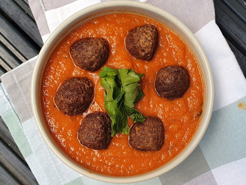 Meatballs in chipotle sweet potato red pepper sauce