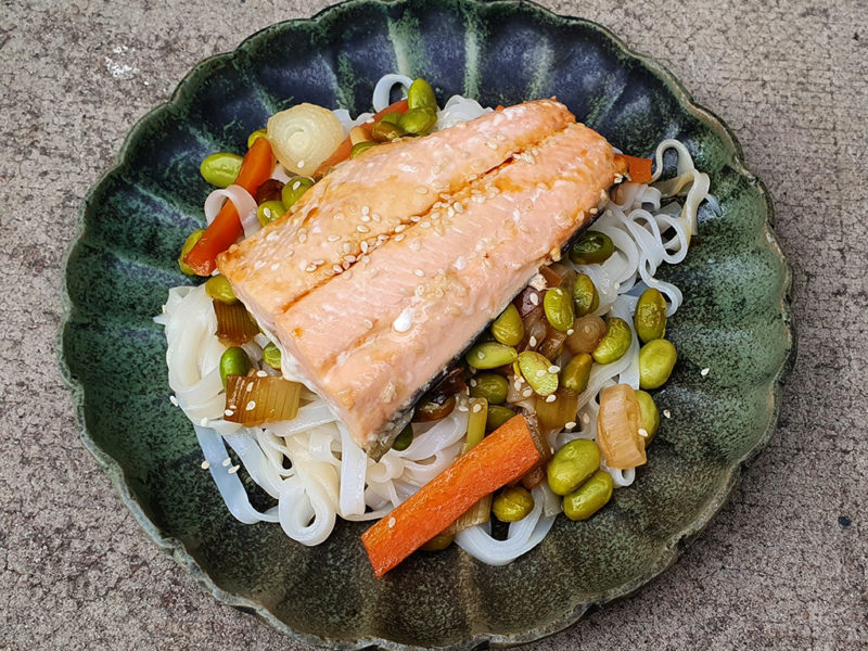 Teriyaki salmon with edamame beans