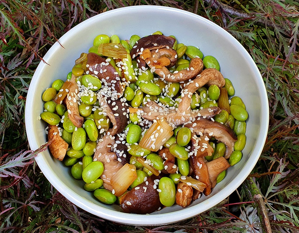 Teriyaki shiitake and edamame beans salad