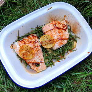 Baked wild salmon with samphire