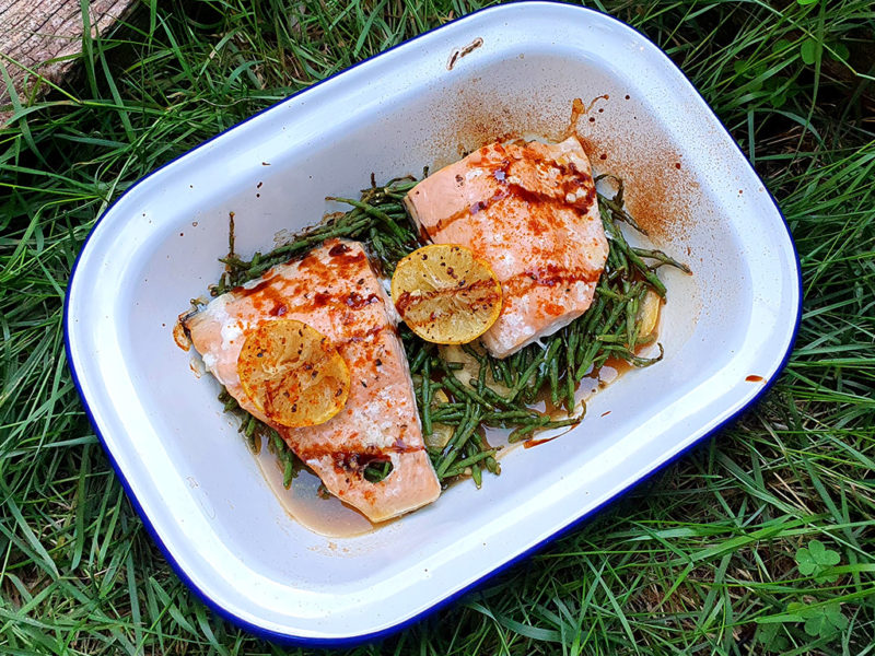 Baked wild salmon with samphire