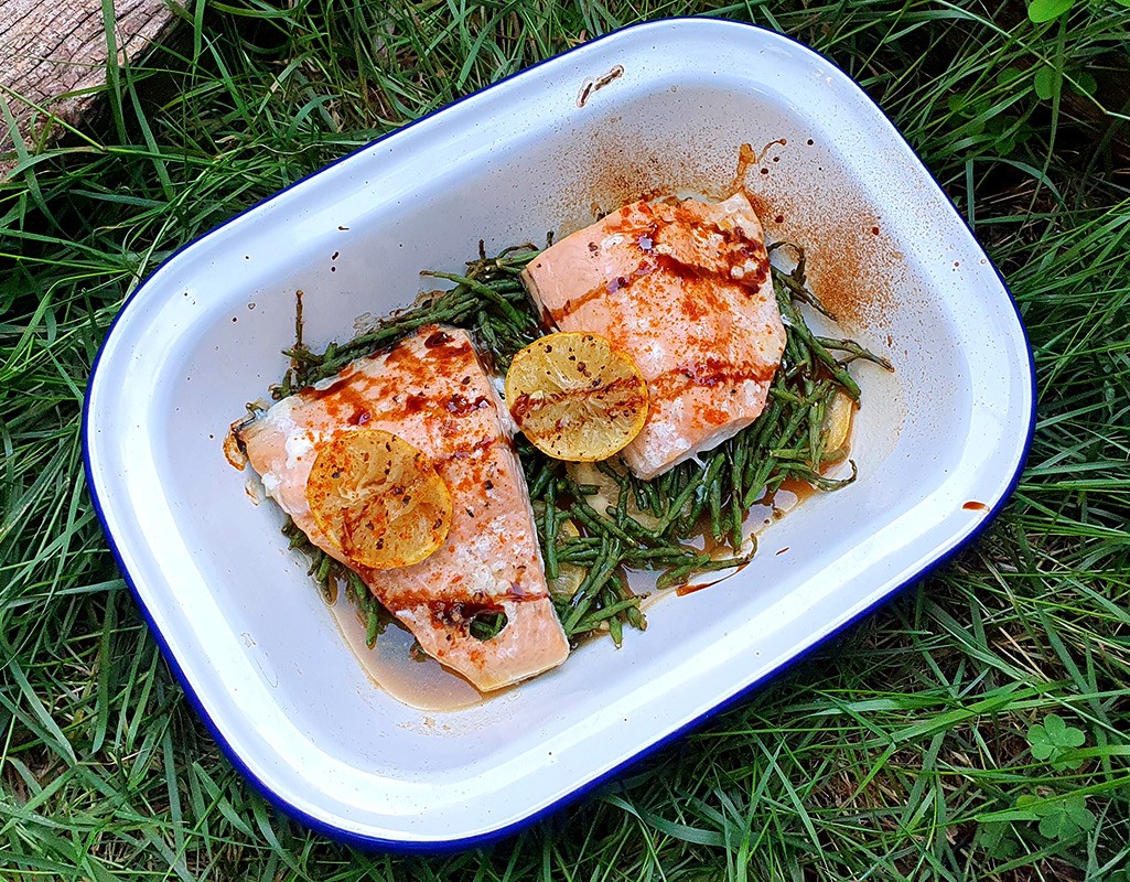 Baked wild salmon with samphire