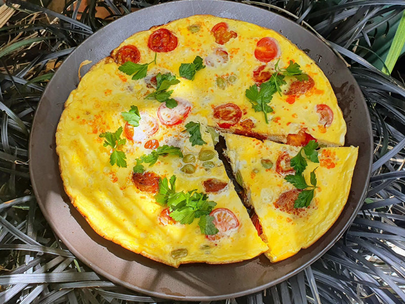 Chorizo, tomato and broad beans omelette