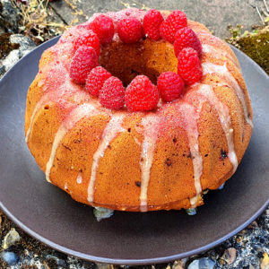 Raspberry and white chocolate bundt cake