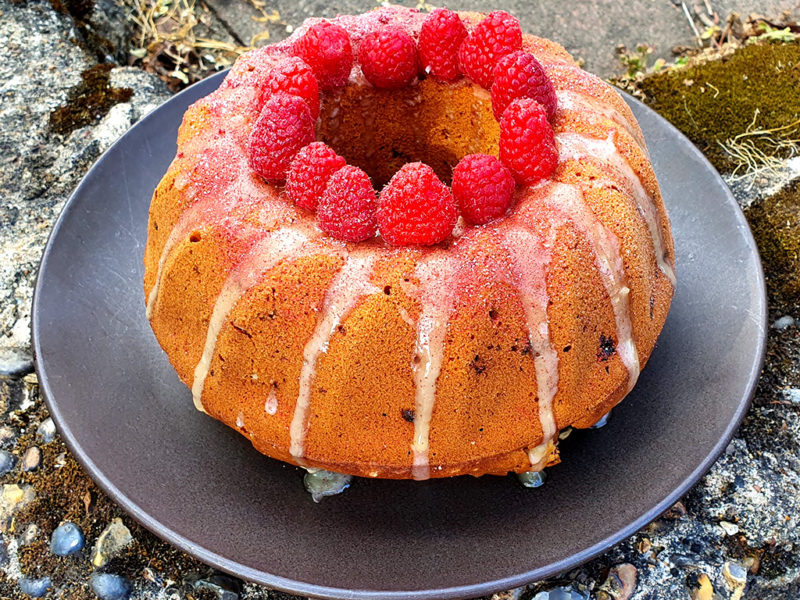 Raspberry and white chocolate bundt cake