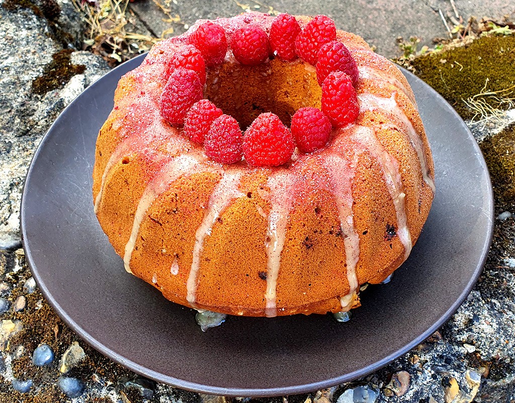 Raspberry and white chocolate bundt cake