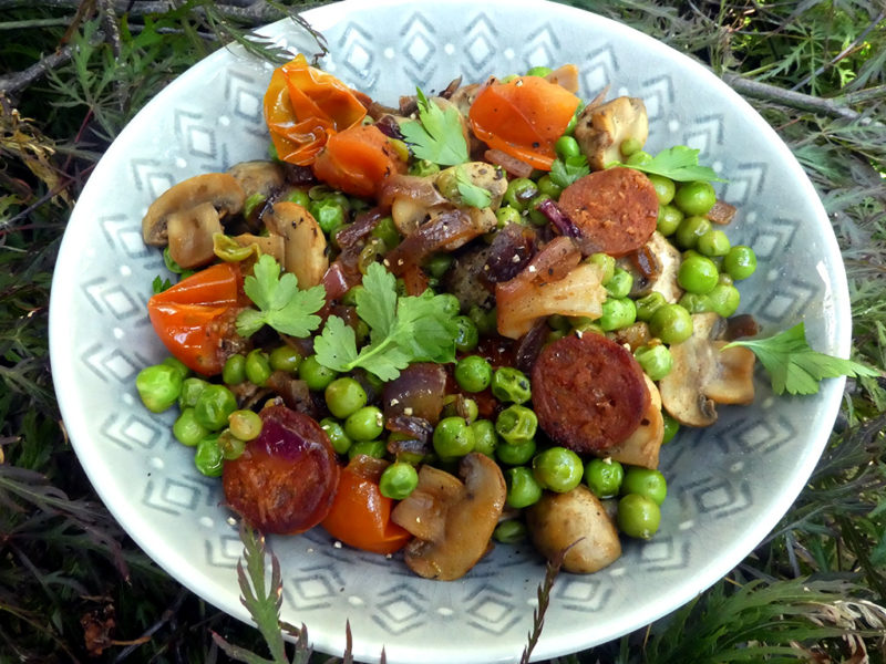 Sauteed mushrooms and peas with chorizo