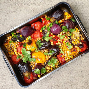 Baked aubergine and tomato with chickpeas