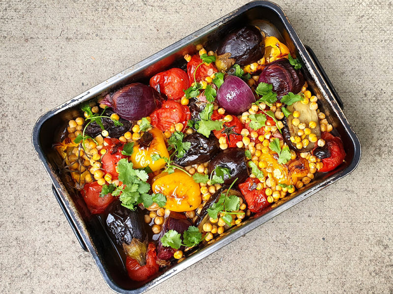 Baked aubergine and tomato with chickpeas