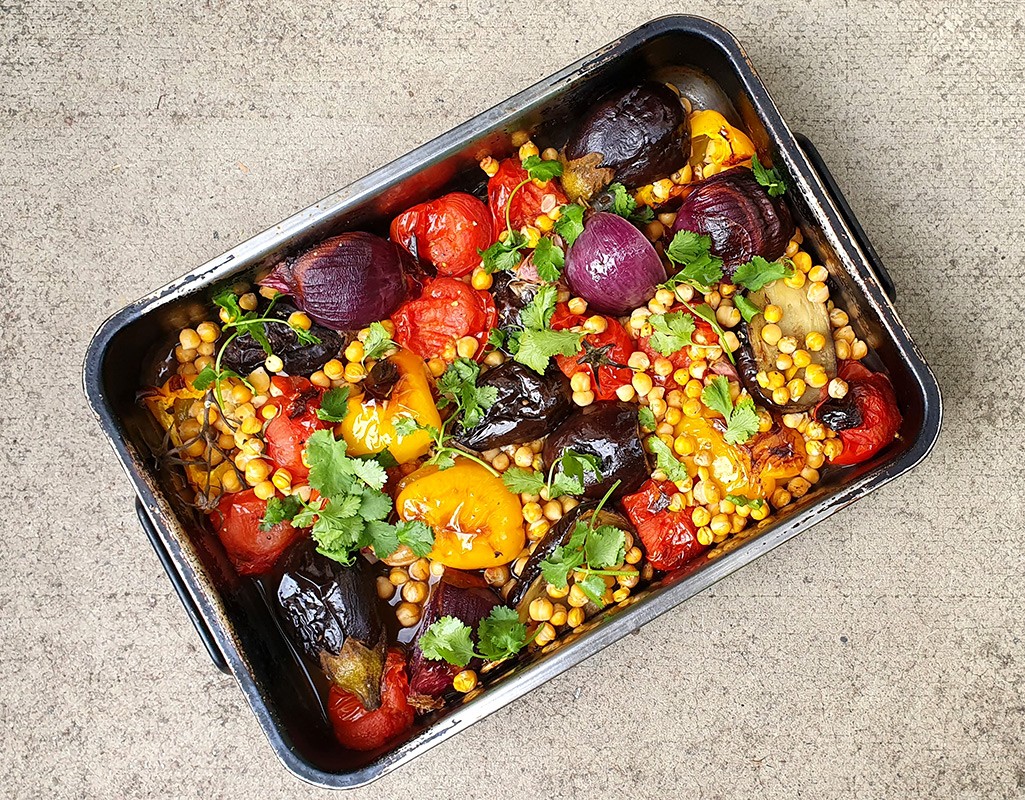 Baked aubergine and tomato with chickpeas