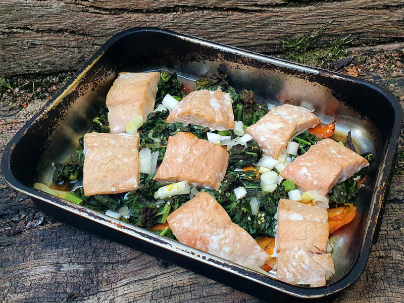 Baked teriyaki salmon and vegetables