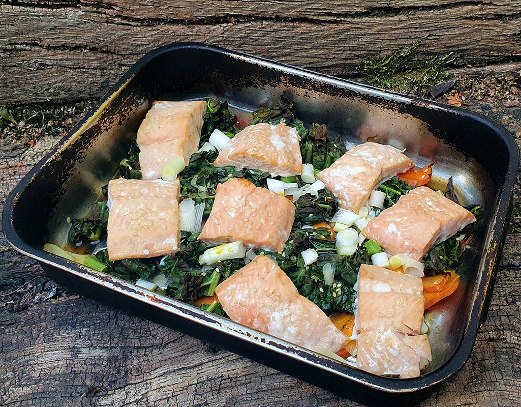 Baked teriyaki salmon and vegetables