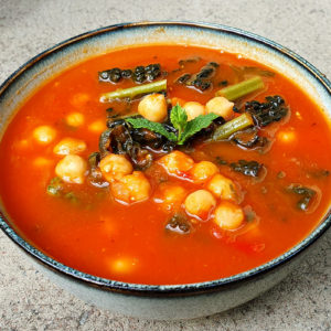 BBQ aubergine and tomato soup with chickpeas