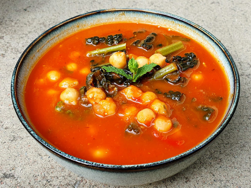 BBQ aubergine and tomato soup with chickpeas