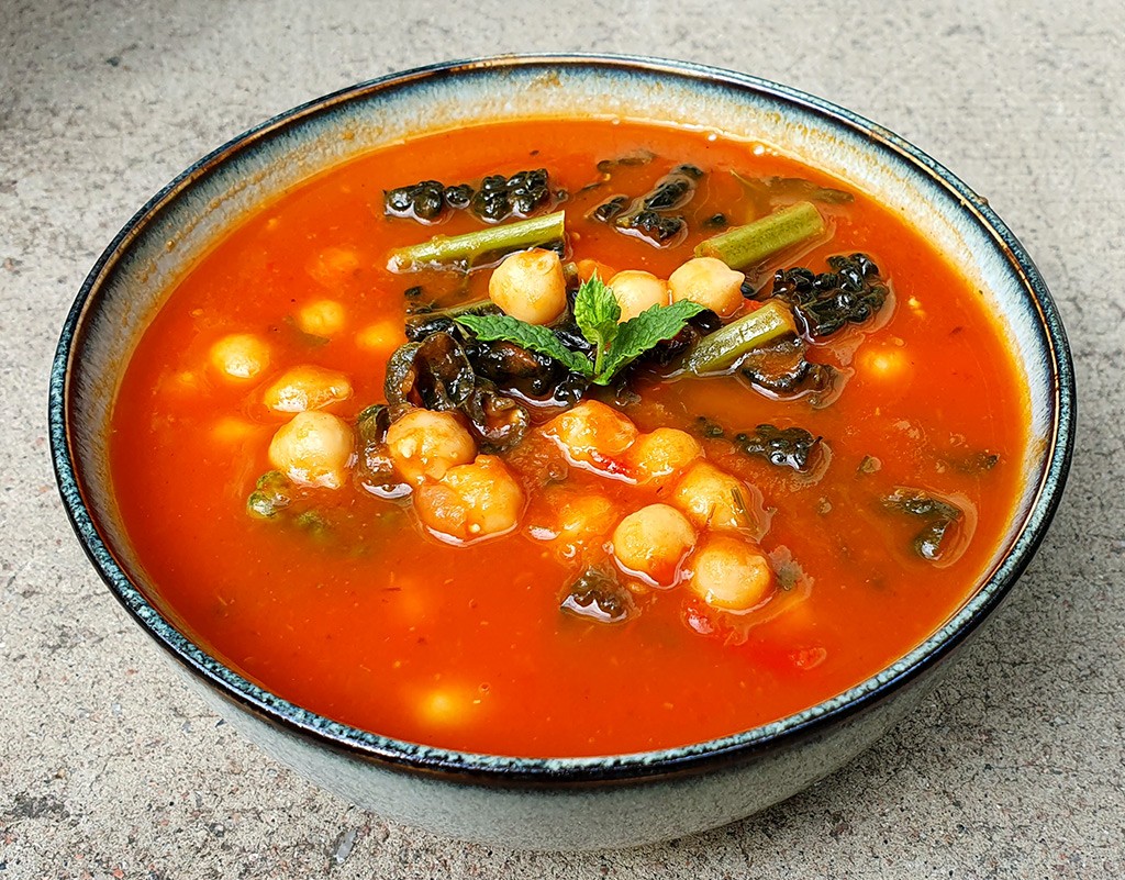 BBQ aubergine and tomato soup with chickpeas