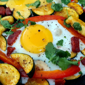 Fried egg with courgette and chorizo