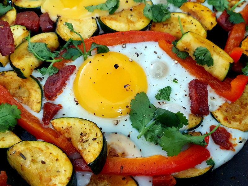 Fried egg with courgette and chorizo