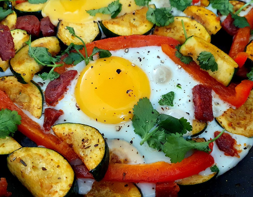 Fried egg with courgette and chorizo