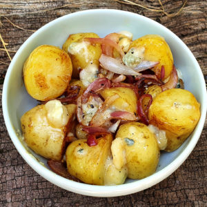 New potatoes with caramelized onion and Gorgonzola