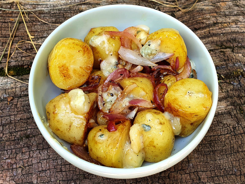 New potatoes with caramelized onion and Gorgonzola