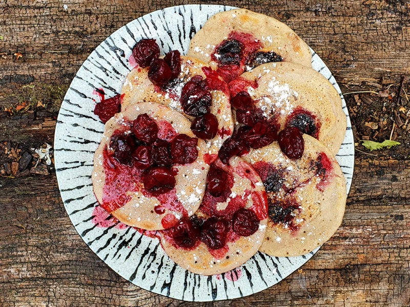 Almond pancakes with sour cherry sauce