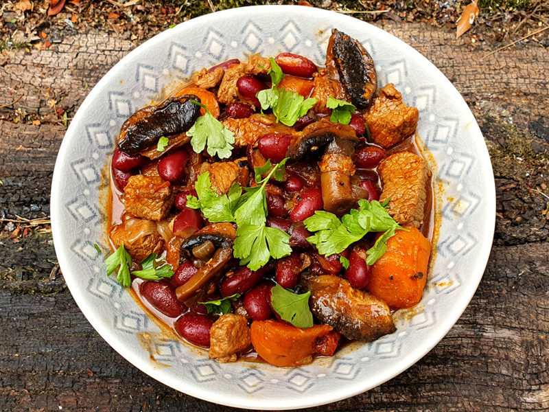 Beef and mushroom stew with beans