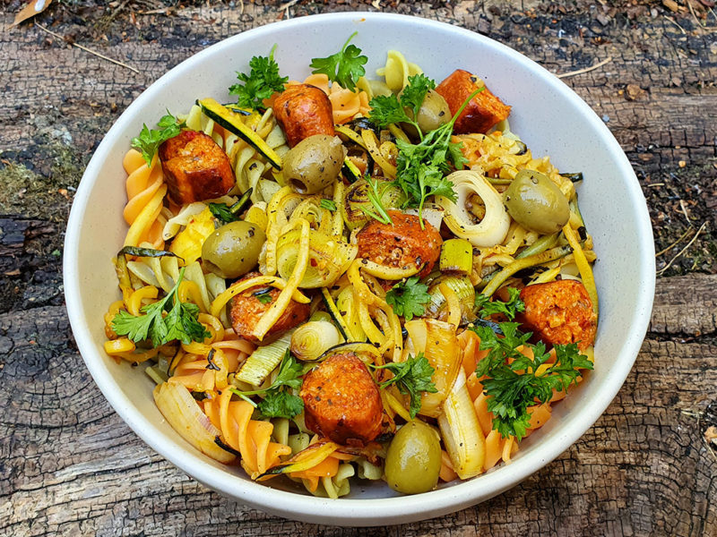 Courgette and leek pasta with sausage