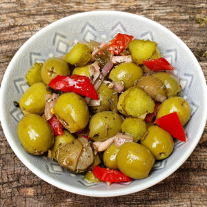 Marinated olives with gherkins