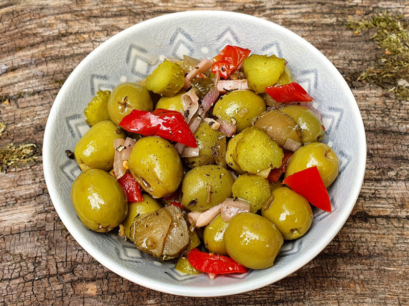 Marinated olives with gherkins