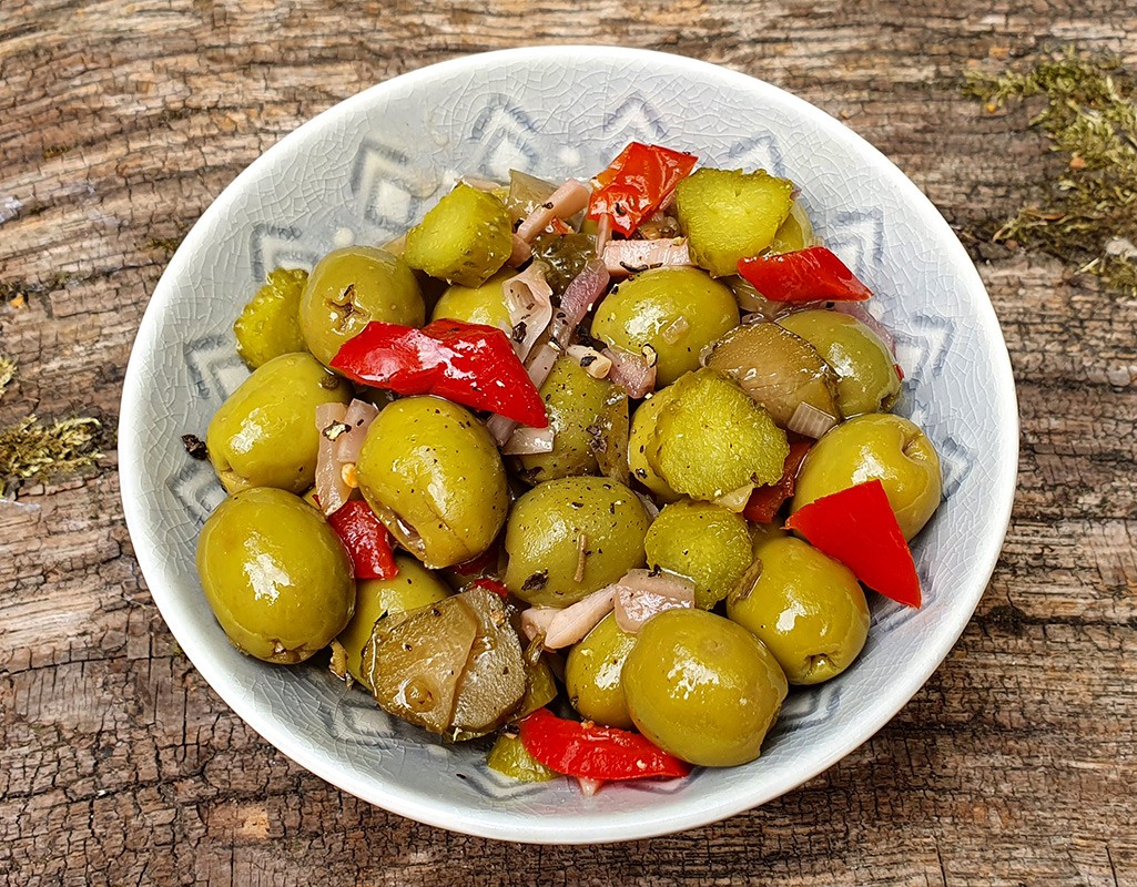 Marinated olives with gherkins