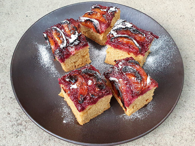 Raspberry, nectarine and almond traybake