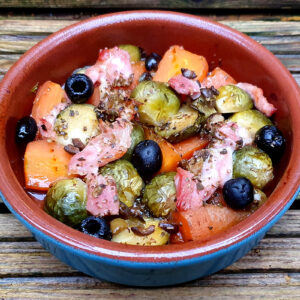 Maple baked sprouts and carrots with bacon