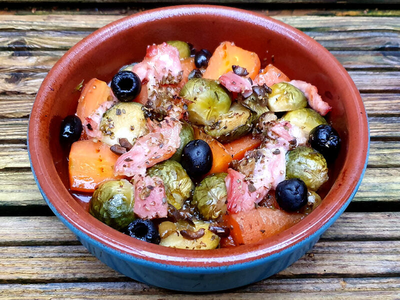 Maple baked sprouts and carrots with bacon