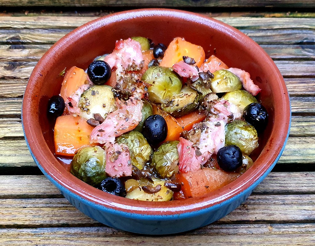 Maple baked sprouts and carrots with bacon