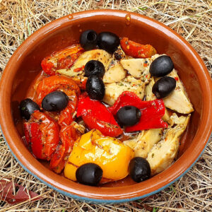 Mediterranean grilled pepper and artichoke salad