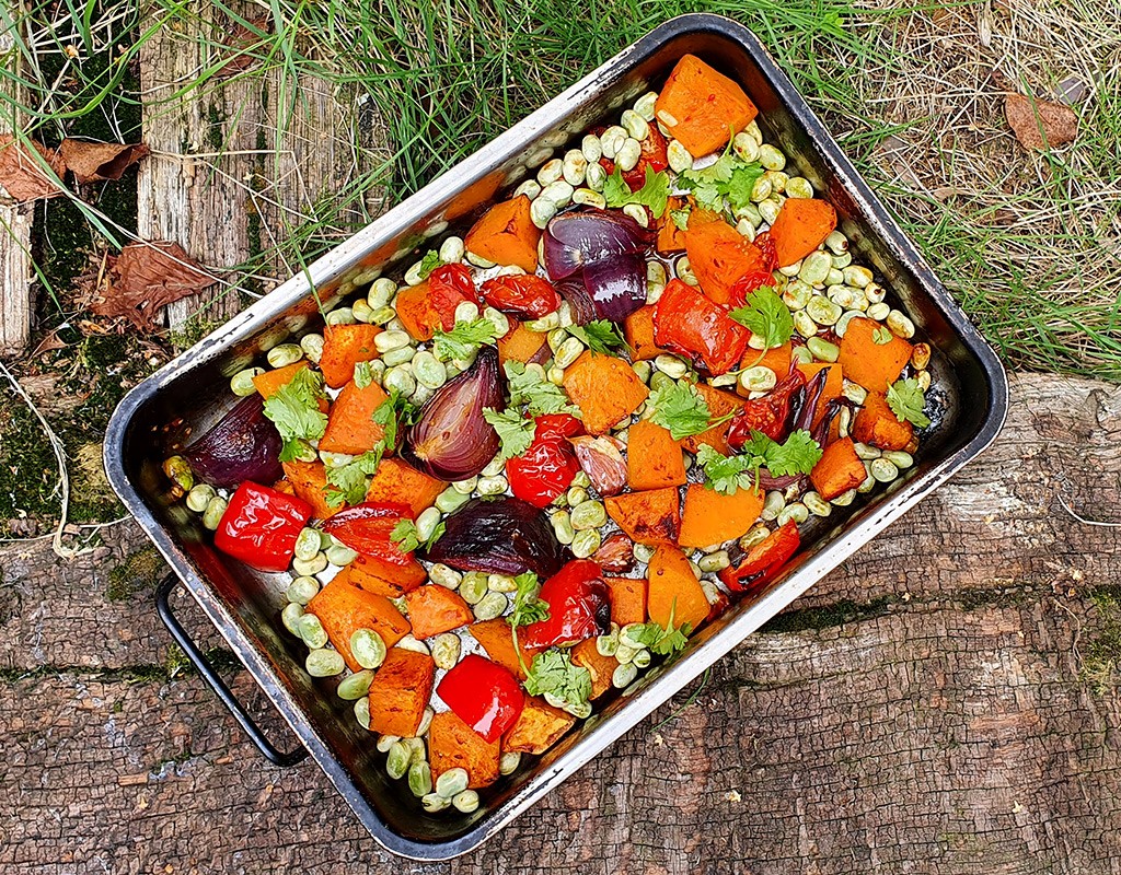 Moroccan baked squash with broad beans