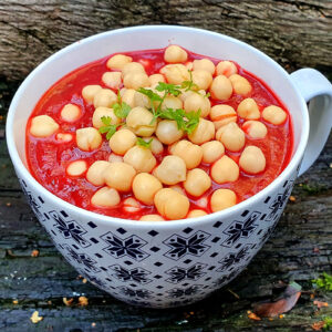 Roasted beetroot and sweet potato soup with chickpeas