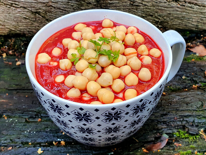 Roasted beetroot and sweet potato soup with chickpeas