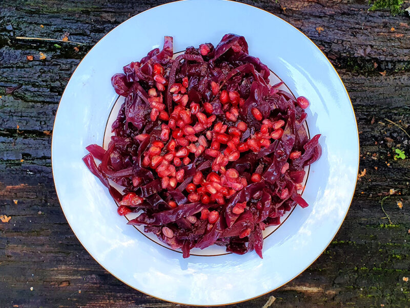 Braised red cabbage with apple and pomegranate