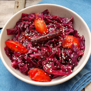 Braised spiced red cabbage with plums